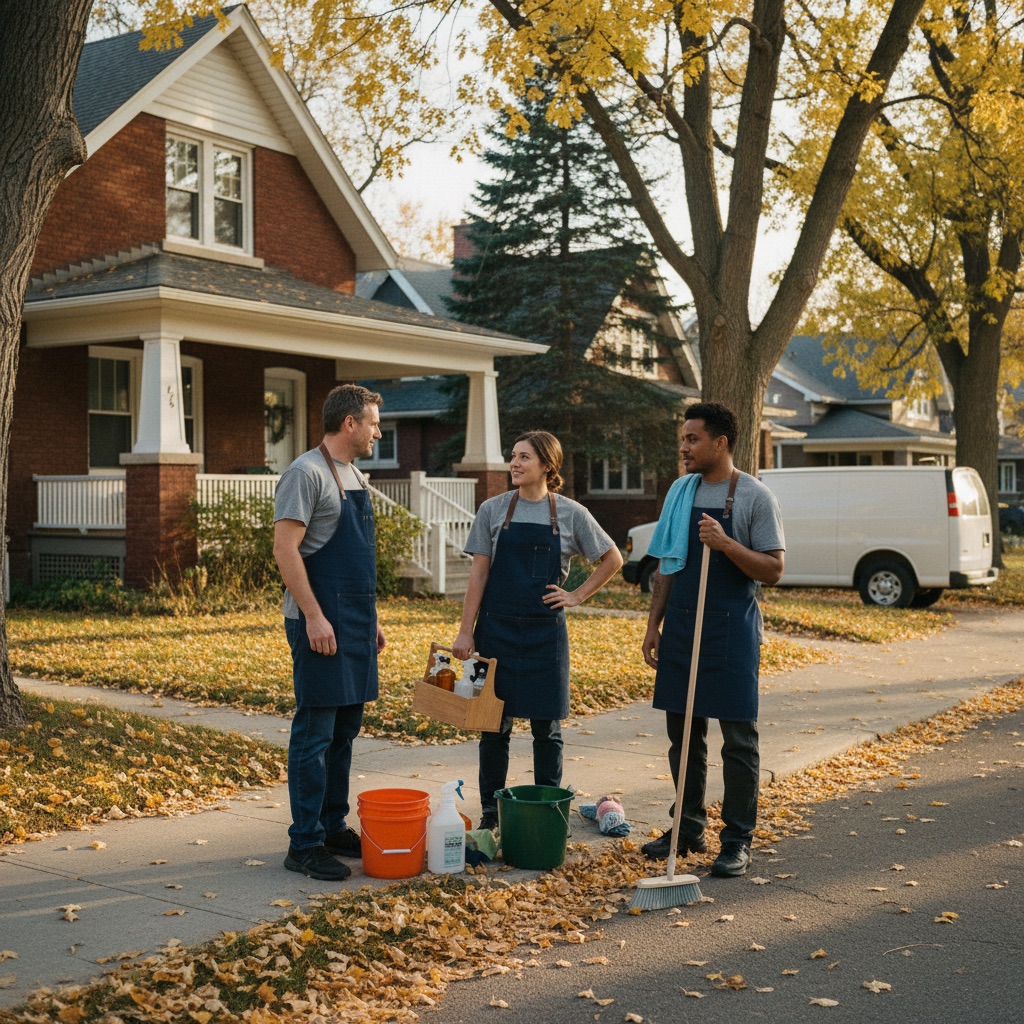 Three West Cleaning crew members in matching blue aprons in front of a classic Winnipeg house at the end of an autumn workday, mid-conversation with their cleaning caddy and white work van behind them.