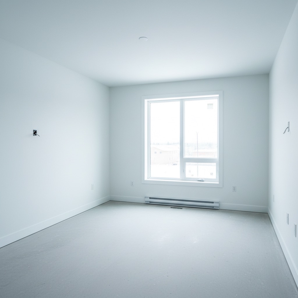 A freshly renovated empty Winnipeg interior with white walls, polished floor, and clean midday light from a new window.